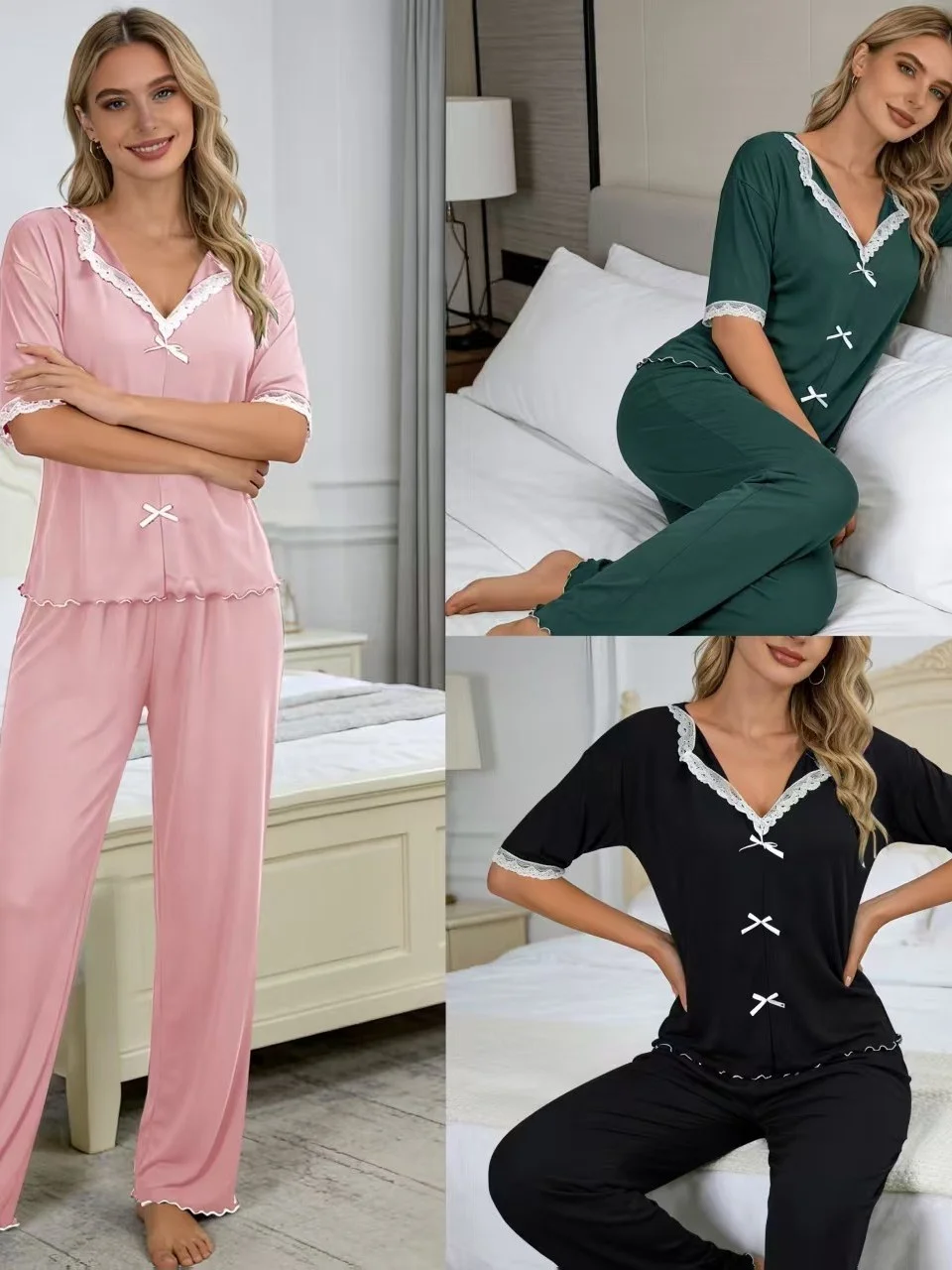 

New Casual Home Clothes Set with Wood Grain Knot Top And Long Pants V-neck Short Sleeve Women's Sleepwear