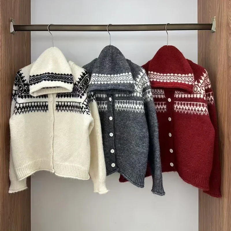 เสื้อคาร์ดิแกนลำลองมีหมวก คอกลม แขนยาว ลายพิมพ์ สำหรับผู้หญิง เสื้อโค้ทถักแฟชั่น ฤดูใบไม้ร่วง ฤดูหนาว สไตล์หรูหรา เสื้อถักสำหรับฤดูใบไม้ร่วง