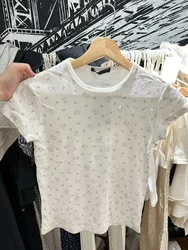 T-Shirt Slim da donna con stampa fiocco orsetto T-Shirt estiva a maniche corte in cotone bianco con scollo a o femminile Harajuku Streetwear Sweet Crop Top