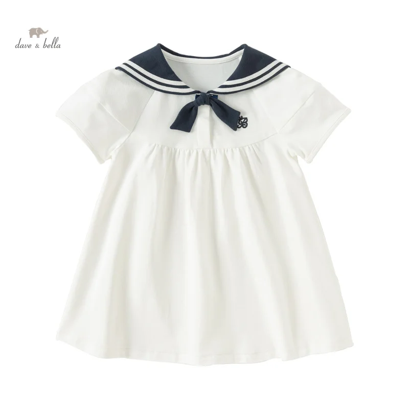 Dave Bella Girls White Dress 2024 New Summer Children\'s Baby Sailor Collar Cute Sweet Fashion Casual Academic-Style DB2241215