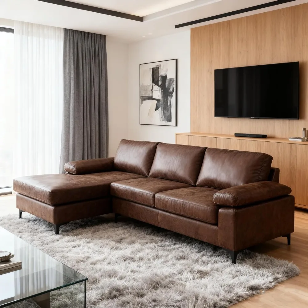 

100" Couches for Living Room, Faux Leather Sectional Sofa with Chaise, Convertible L-Shape Sofa & Couches for, Customized