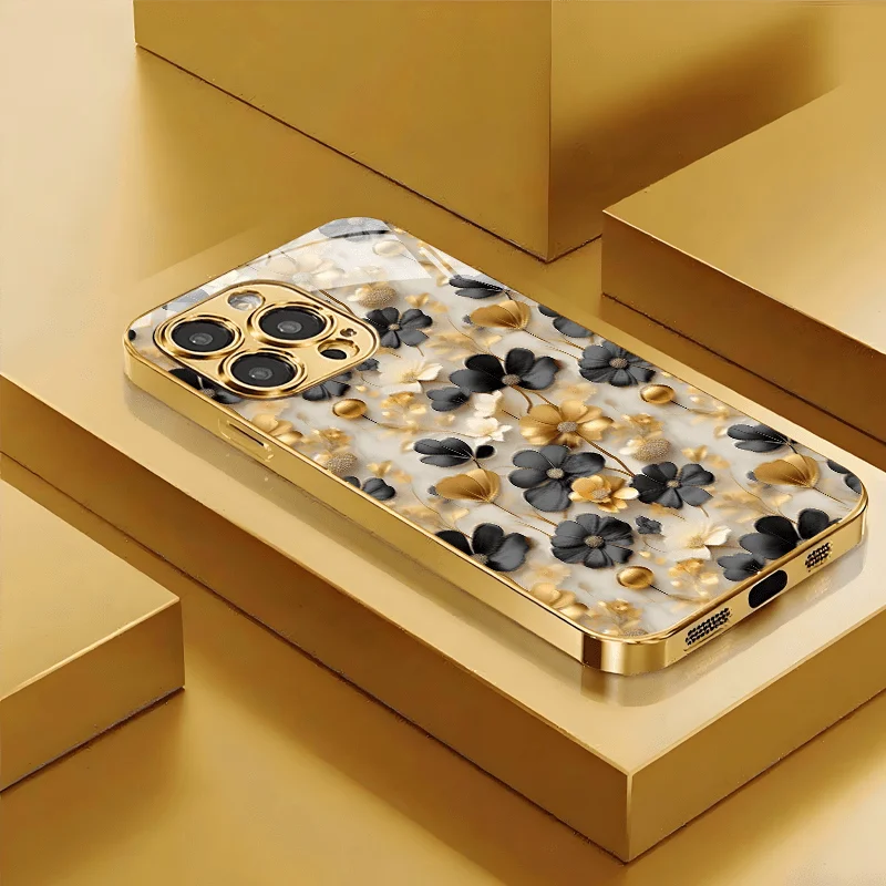 Black gold flower threedimensional pattern elegant electroplated glass phone case, suitable for iPhone 17/16/15/14/13/12/11, etc