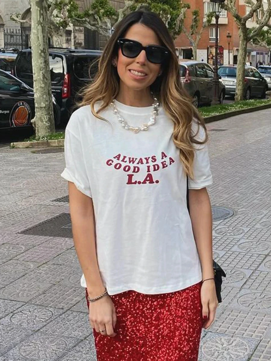 

Red Letter Print T Shirt Women Crewneck Short Sleeve Casual Fashion T-shirts 2024 Summer New American Vintage Chic Tees Tops