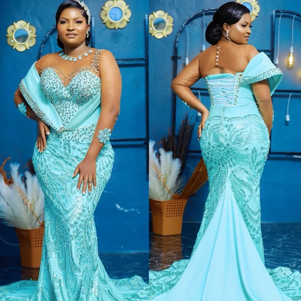 

2024 African Sky Blue Mermaid Prom Dresse Full Sleeves Rhinestones Lace Evening Party Second Engagement Birthday Gowns Dress