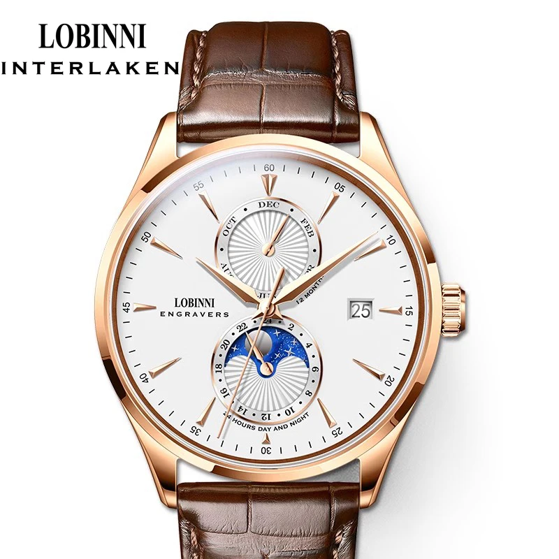 LOBINNI Rose Golden Elegant Moon Phase Design Calendar Display Brown Leather Mens Watch Brand Luxury Automatic Mechanical Watch