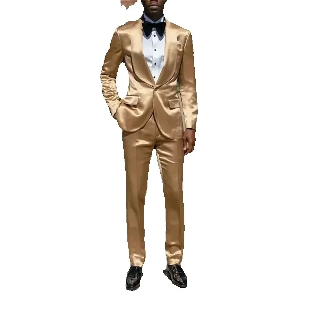 

2 Pieces Gold Silk Satin Men Suits Blazer Pants Groom Prom Party Wedding TuxedosCodtume Homme Mariage