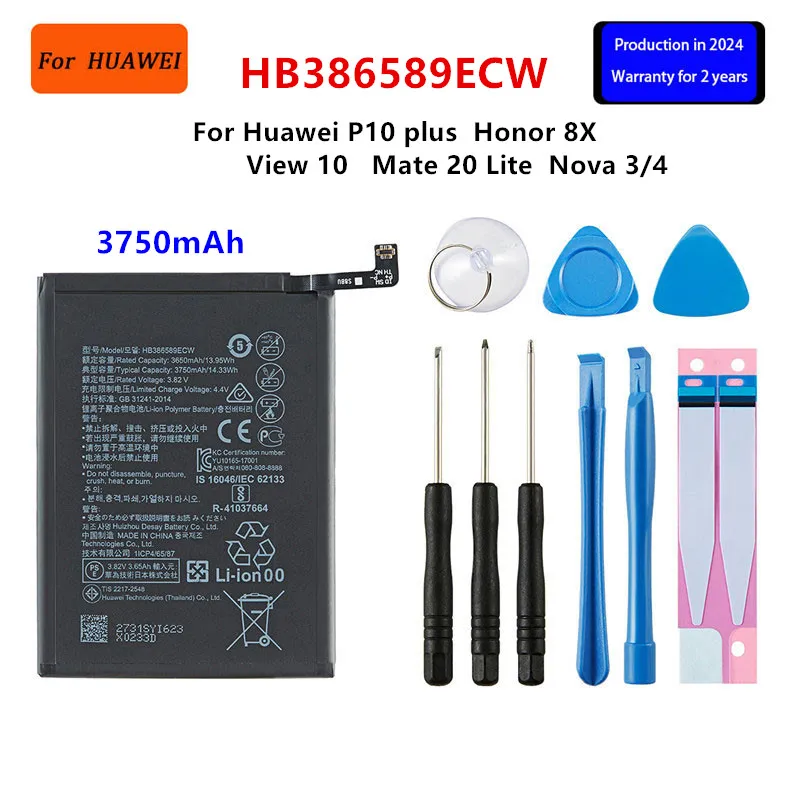 100% Orginal HB386589ECW 3750mAh Battery For Huawei P10 plus Honor 8X View 10 V10 Mate 20 Lite Nova 3/4 Batteries +Tools