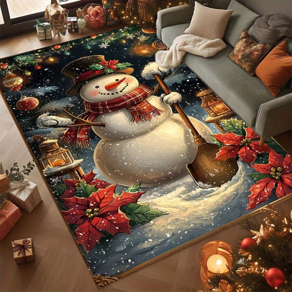 Winter Snowman Area Rug Festive Home Decor Poinsettia Flowers Pattern Large Carpet Hat Scarf Lantern Printed Floor Mat