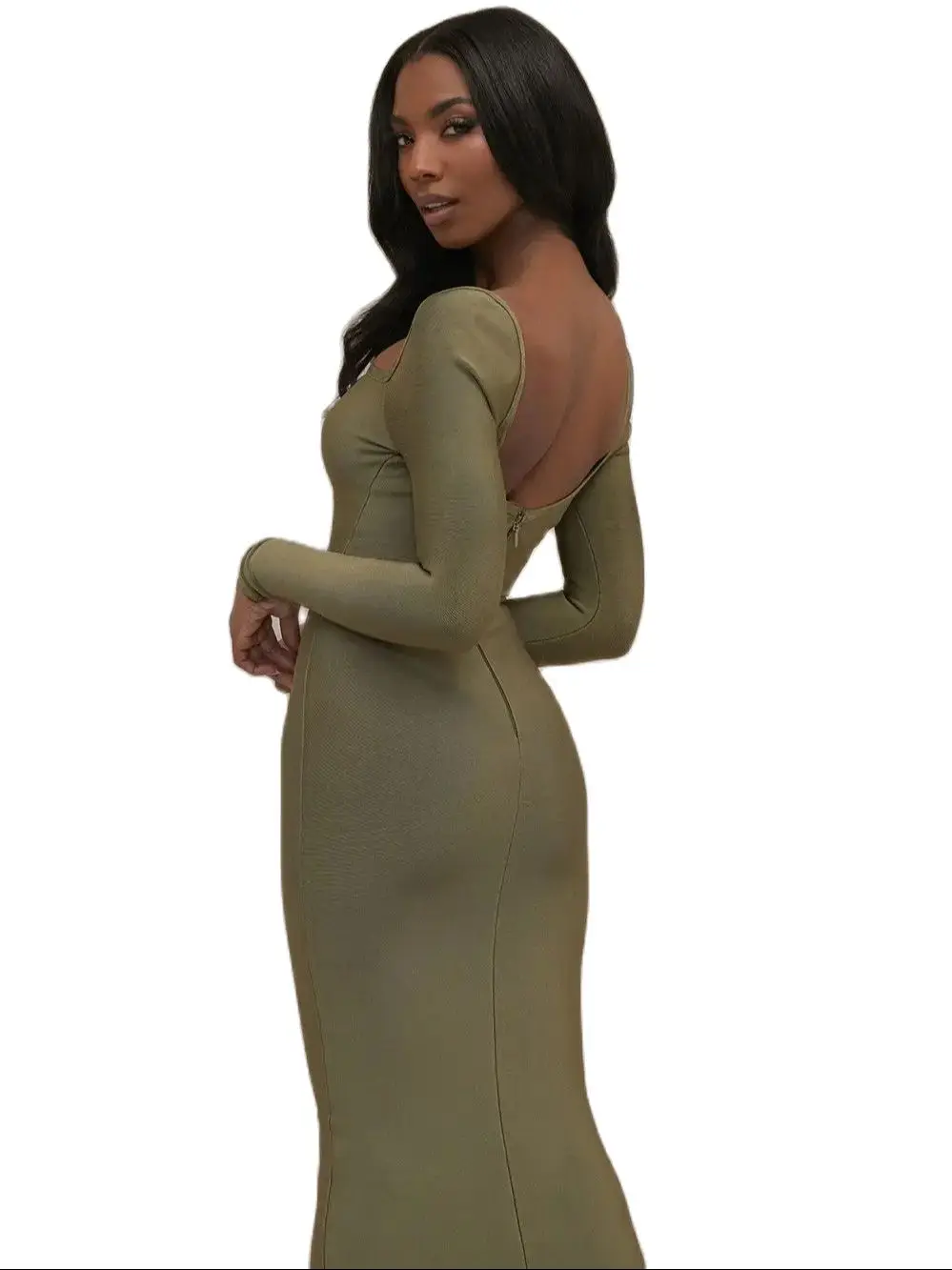 

Women Army Green backless Bandage Dress Long Sleeves Plunge V Sexy Luxury Christmas Clearance Bodycon Dress Midi