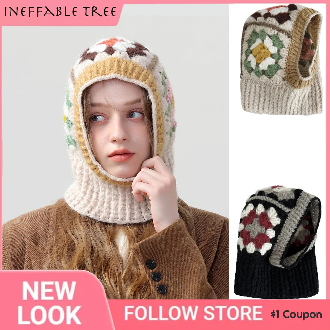 

Вязаные вручную балаклавы Y2K для женщин: осенне-зимние шерстяные шапки-бини, вязаные шапки-воротники, женские шапочки-боннеты, горо.