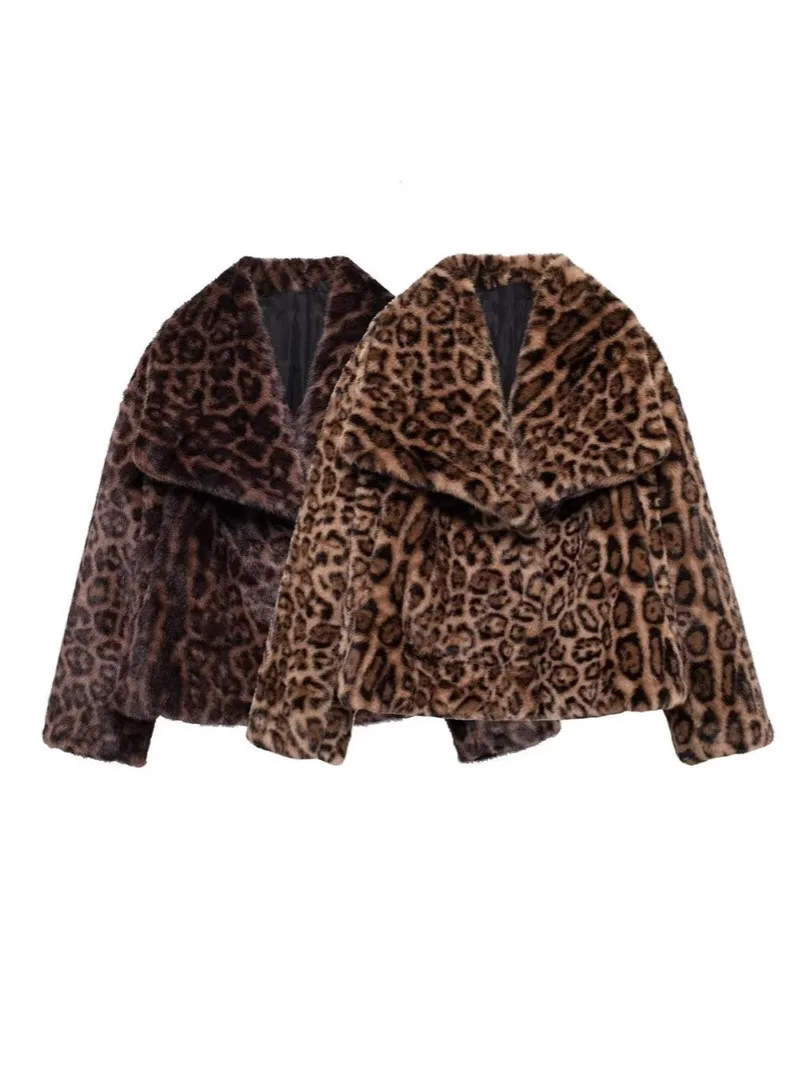 

Women Leopard Faux Fur Jacket Winter Turn-Down Lapel Long Sleeve Female Outerwear Thick Warm Covered Button Loose Fashion Coat