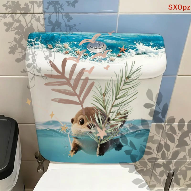 Cute Otter Toilet Tank Sticker Ocean Wave: Vinyl Decal Bathroom Adhesive Wall Art Accessories