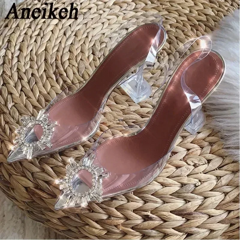 Aneikeh Lady Transparent PVC Slingback Heels Pointed Toe Crystal Rhinestone Sunflower Buckle Clear Heel Sandals Party Pumps Shoe