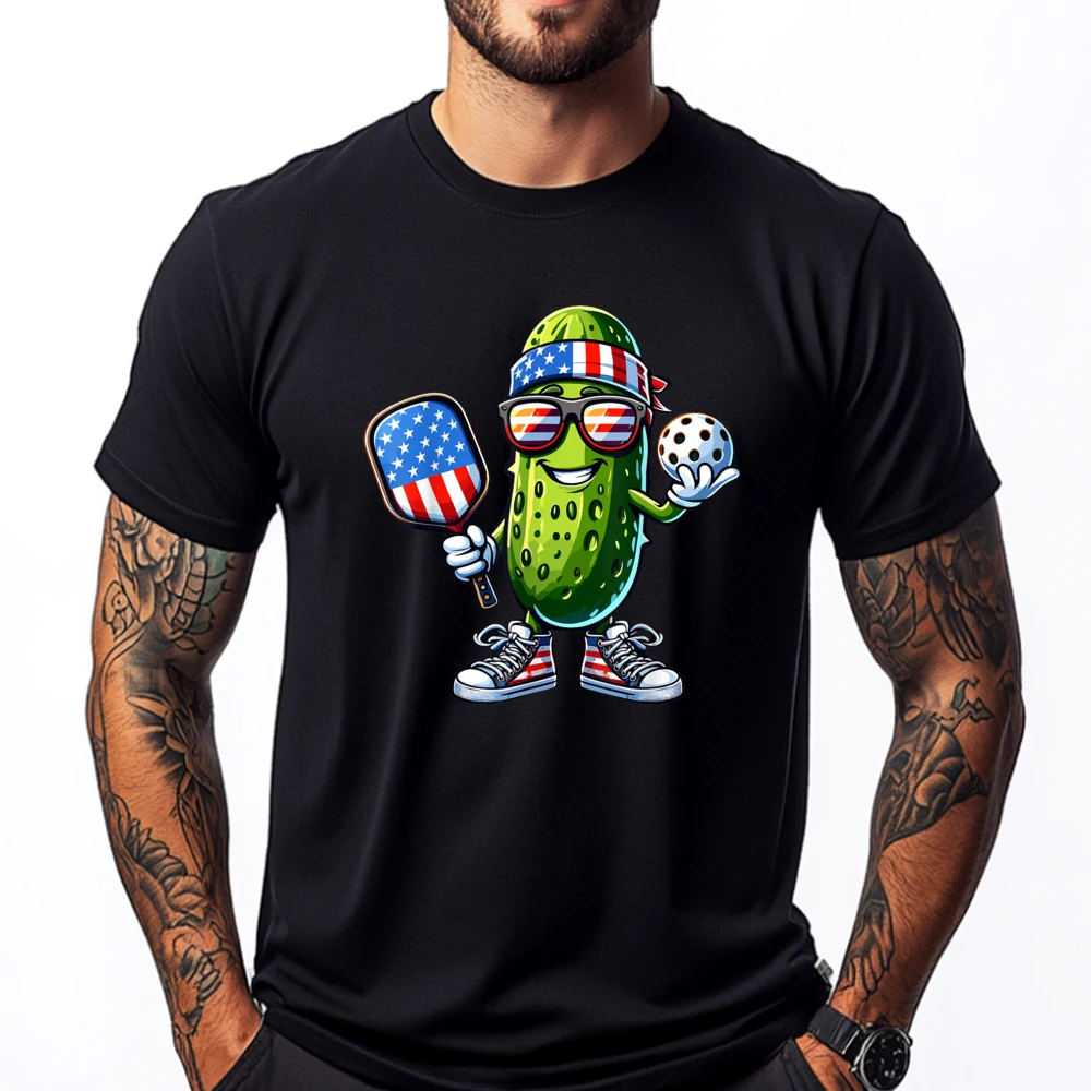 

Funny Patriotic Pickle Playing pickleball Paddle 4th of July Black Shirt Graphic Tees ECO-FRIENDLY Meme Tshirt