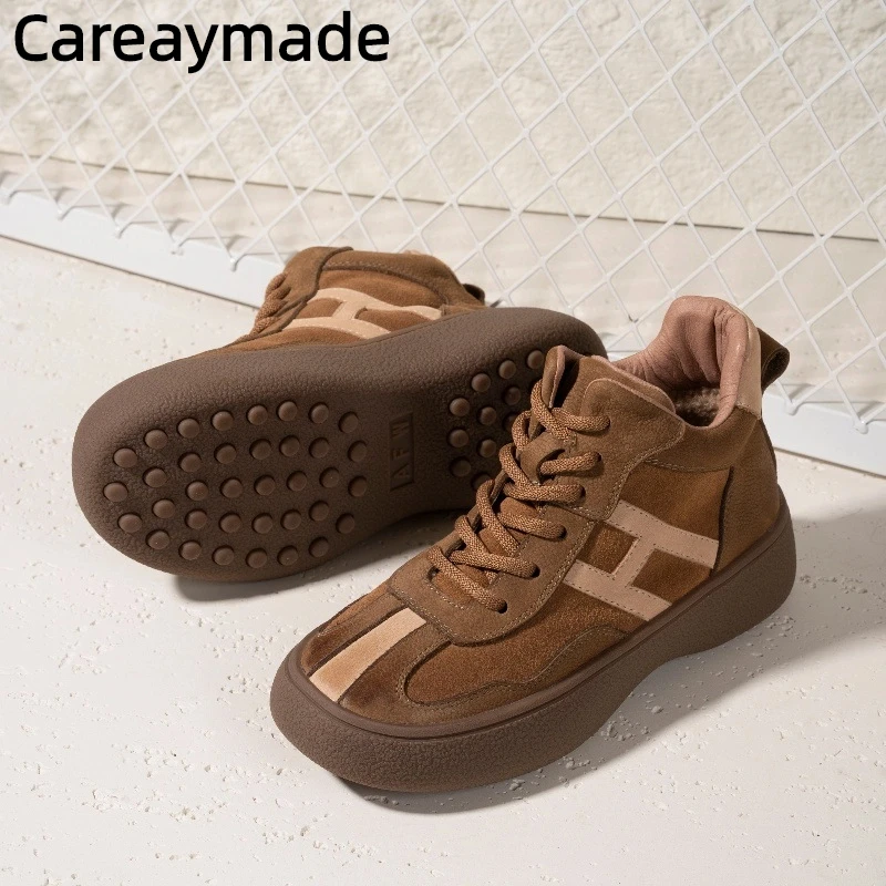 

Careaymade-женская обувь из натуральной кожи с широким носком, повседневные теплые плюшевые короткие ботинки с высоким берцем, женские кроссовки в немецком стиле