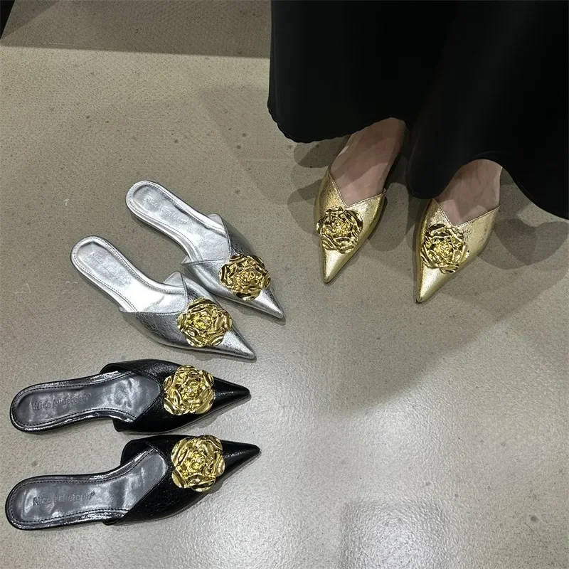 

Sexy Pointed Toe Women Mules 2026 Summer New Elegant Floral Design Modern Slippers Fashionable Shallow Mouth Women's Slippers