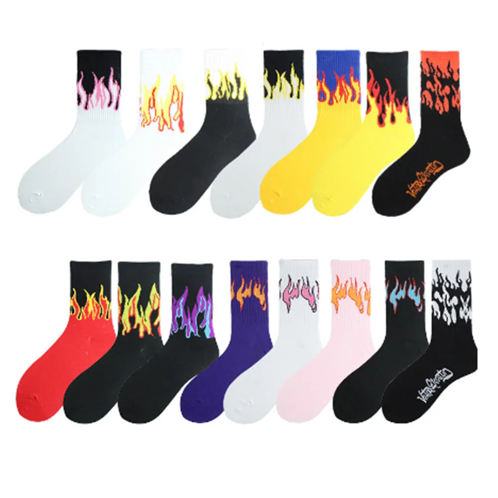 Men's Women Trendy hip-hop skateboard athletic short socks Mid-Calf flame Medium Tube cotton sock W028