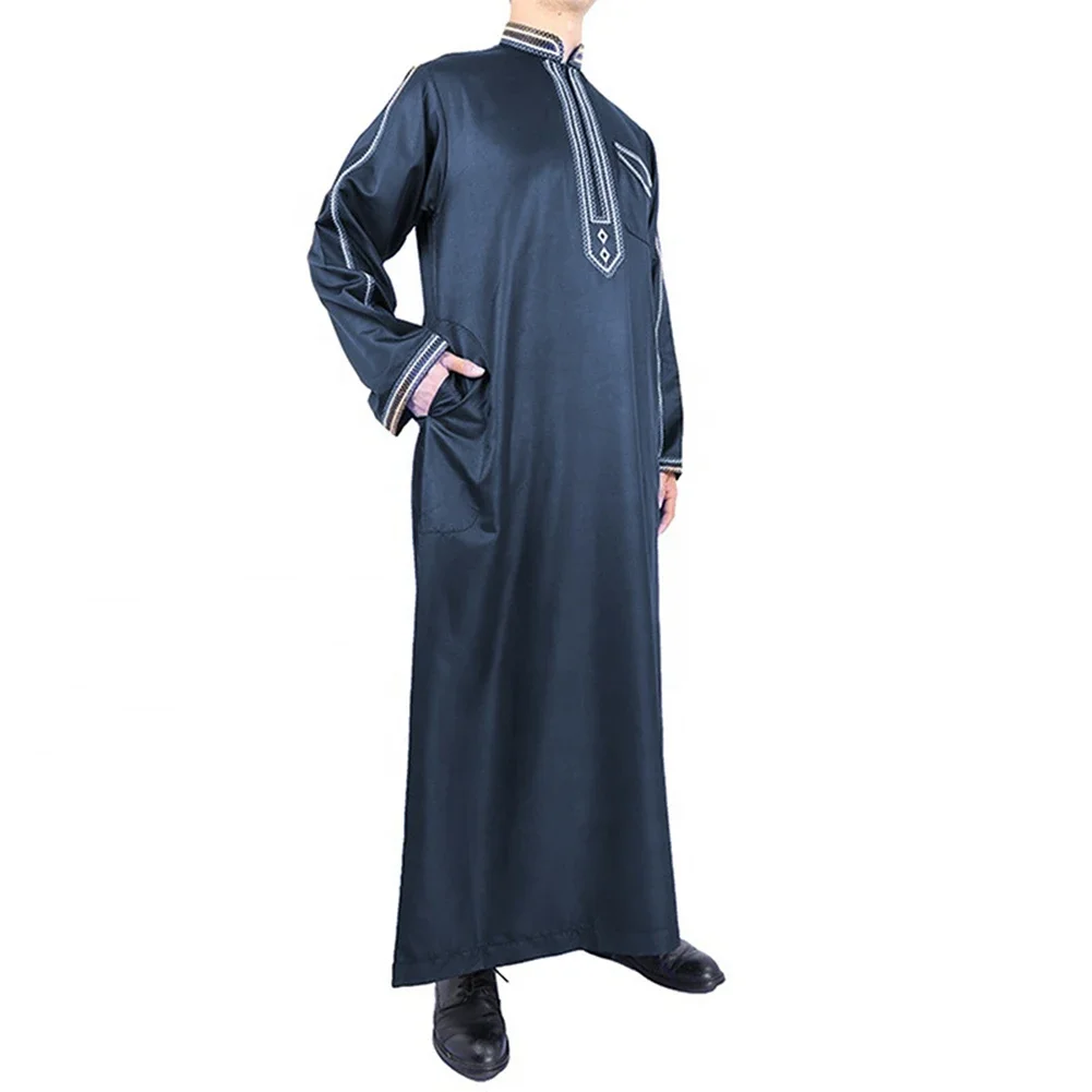 Busana liburan nyaman pria jubah pakaian kasual lengan panjang longgar Muslim sedikit meregang warna Solid kerah berdiri