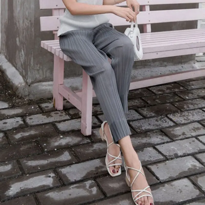 Summer Fashion Slimming Pleated Casual Loose Fit Straight Leg Pants Korean Style Commute Nine Points Polyester Blend