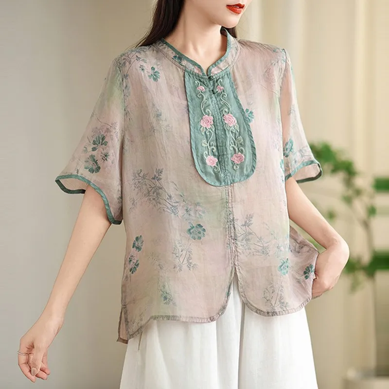 Women Summer Casual Shirt New Arrival 2024 Chinese Style Vintage Floral Embroidery Loose Female Short Sleeve Tops Shirts B3880