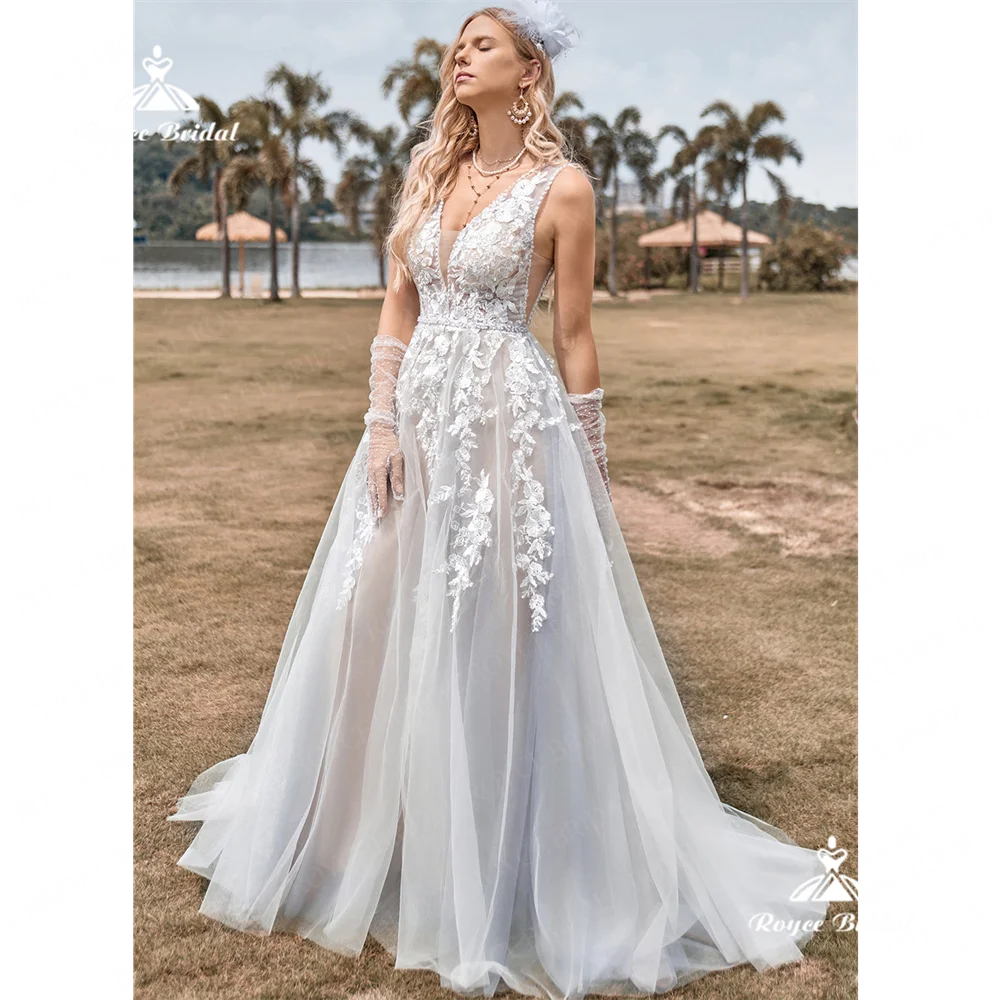 Roycebridal v neck eine Linie Brautkleid 2025 rücken freie Spitze Gericht Zug Brautkleid Brautkleid Frauen vestidos de novia lässig