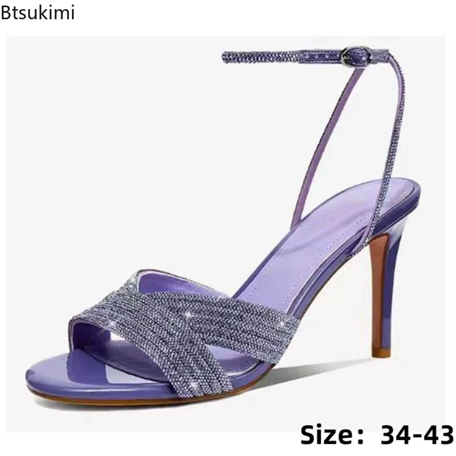 Summer's New Round Toe Rhinestones Sandals Cross Strap Stiletto High-heeled Sandals Summer Multicolor Large Size Women Shoes