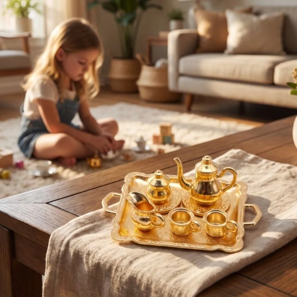 Mini Miniature Dining Ware Toy Alloy Pattern 1/12 Scaled Mini Pattern Tea Set Simulated Tea Set Delicate Doll House Mini Tea Set