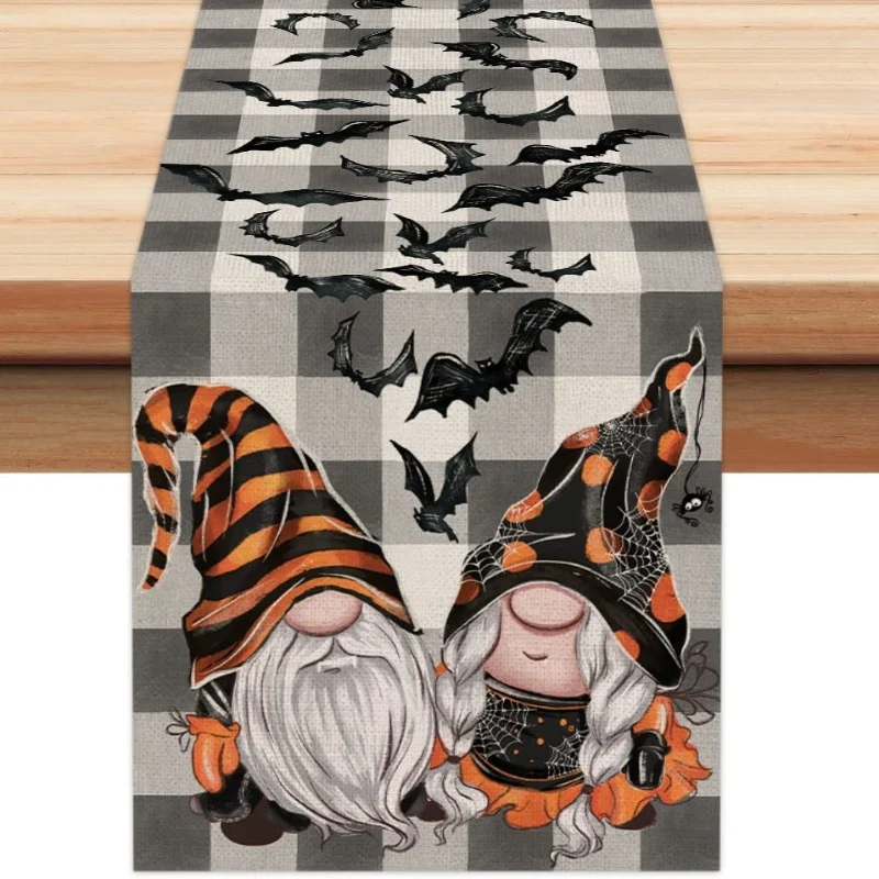 Gnome Bat Buffalo Plaid Print Rectangle Table Runner Halloween Holiday Party Decoration Retro Theme  Dinner