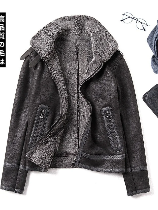 

Men's Leather Jaet Fur Lined Motorcycle Sle Winter Coat eepskin Cotton Vest Faionable Urban Loose Fit Warmth