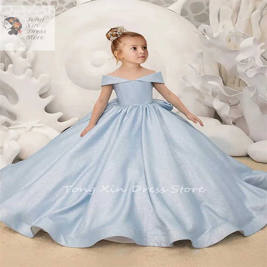 

Champagne Satin Flower Girl Dress Shimmering Gowns Bow Elegant Wedding Floor Length Child Birthday Party Communion Dress