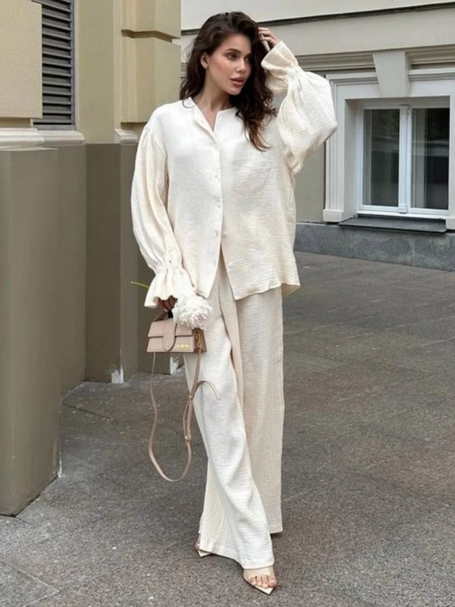 Wolfeel 여성용 신상품 2026 가을 100% 면 랜턴 슬리브 긴팔 세트 루즈 카디건 와이드 레그 팬츠 2피스 세트