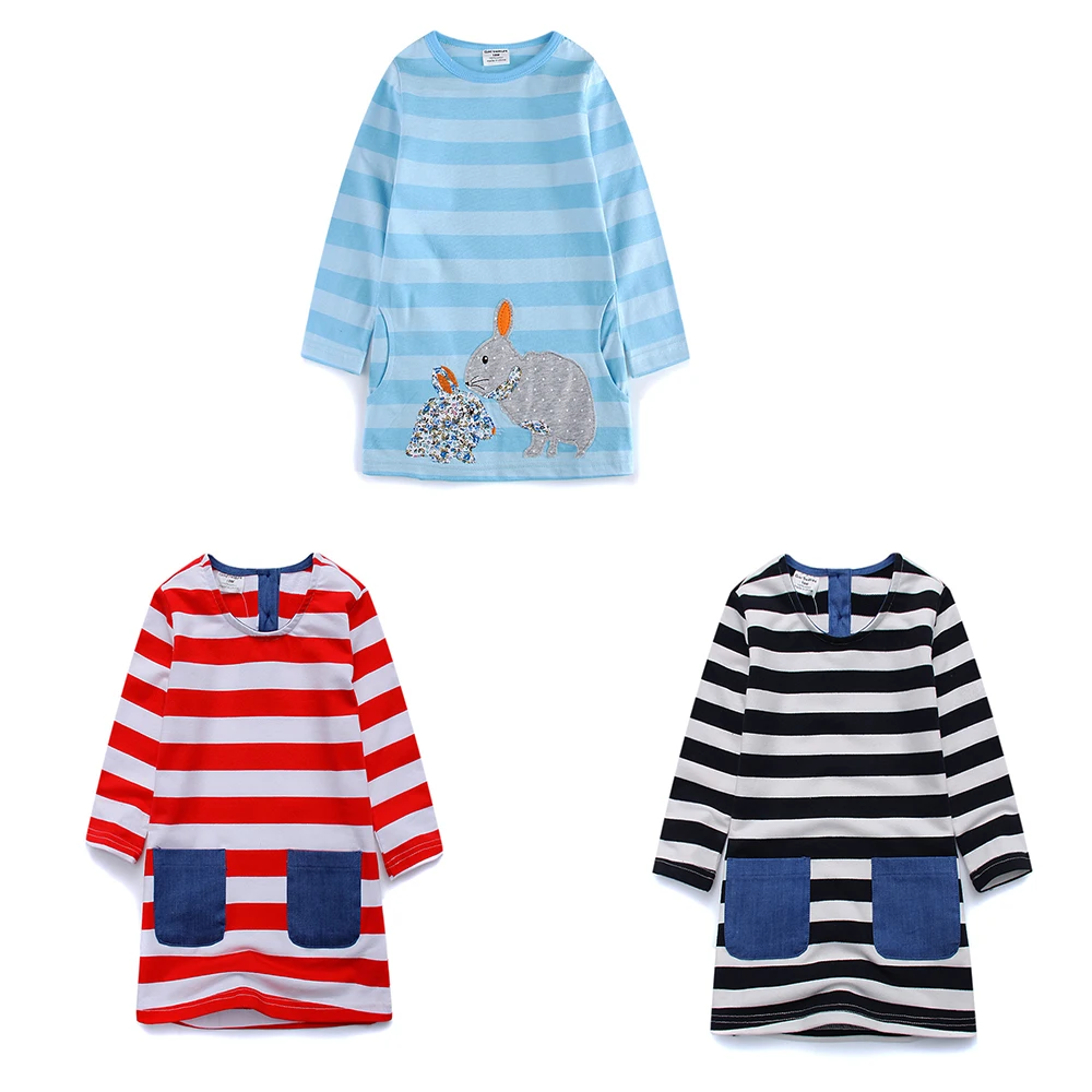 Jumping Meters 18M-6T Striped Long Sleeve Girls Dress with Pockets Cotton Toddler Baby Fashion Kids Autumn Spring Frocks