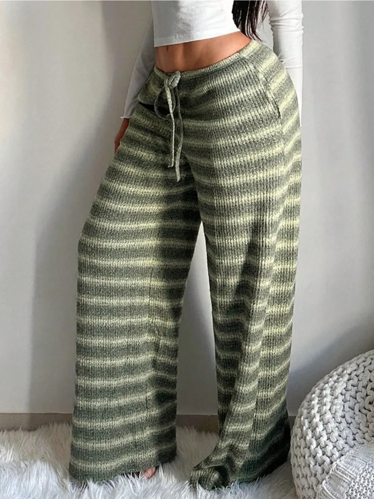 Gymystars グリーンストライプパンツ女性用 2026 ルーズドローストリングウエストコントラストカラーワイドレッグパンツファッションストレートレッグパンツ