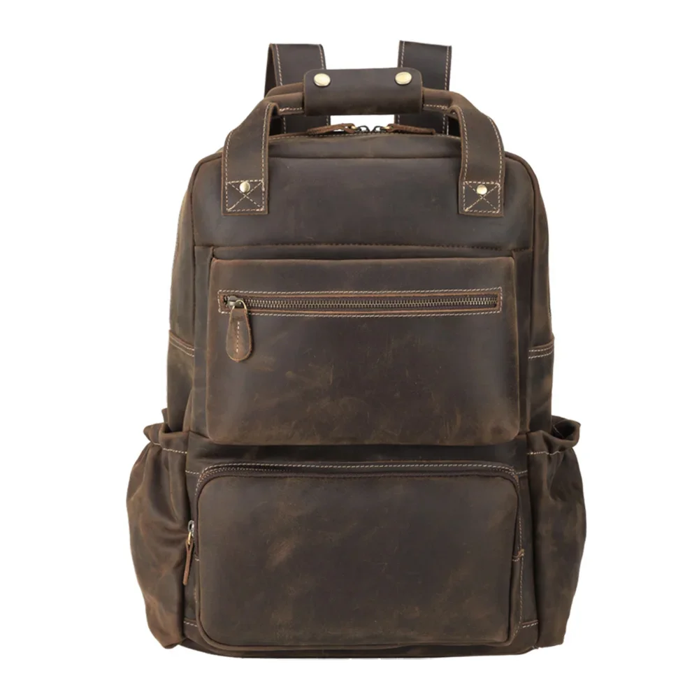 High Quality Customize Men Brown Full Grain Leather Cowhide Genuine Cow  15 Inch Travel Laptop  Backpack