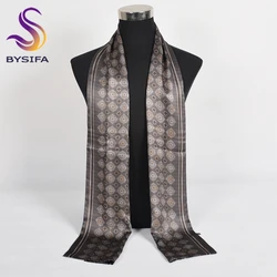 BYSIFA|Khaki Grey Silk Scarf Cravat Men Winter Fashion 100% Mulberry Silk Male Long Scarves Printed Soft Long Scarf 160*26cm