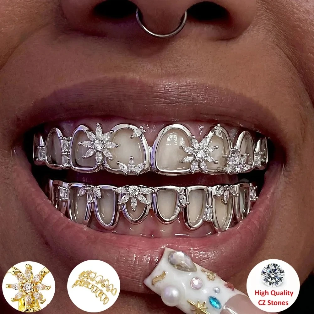 Women's Hip Hop Iced CZ Hollow Lucky Flower 8 Teeth Grillz Set Top & Bottom Sparkling Star Punk Rapper Jewelry Accessory