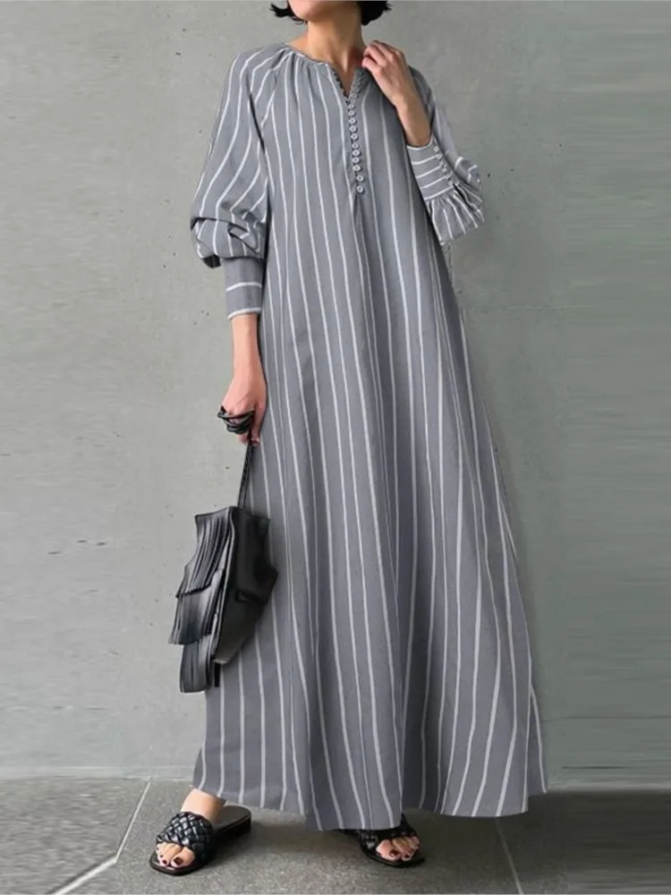 Modna sukienka w paski dla kobiet Casual O Neck Long Sleeve Button Loose Shirt Dresses Robe Femme Holiday Office Clothes New