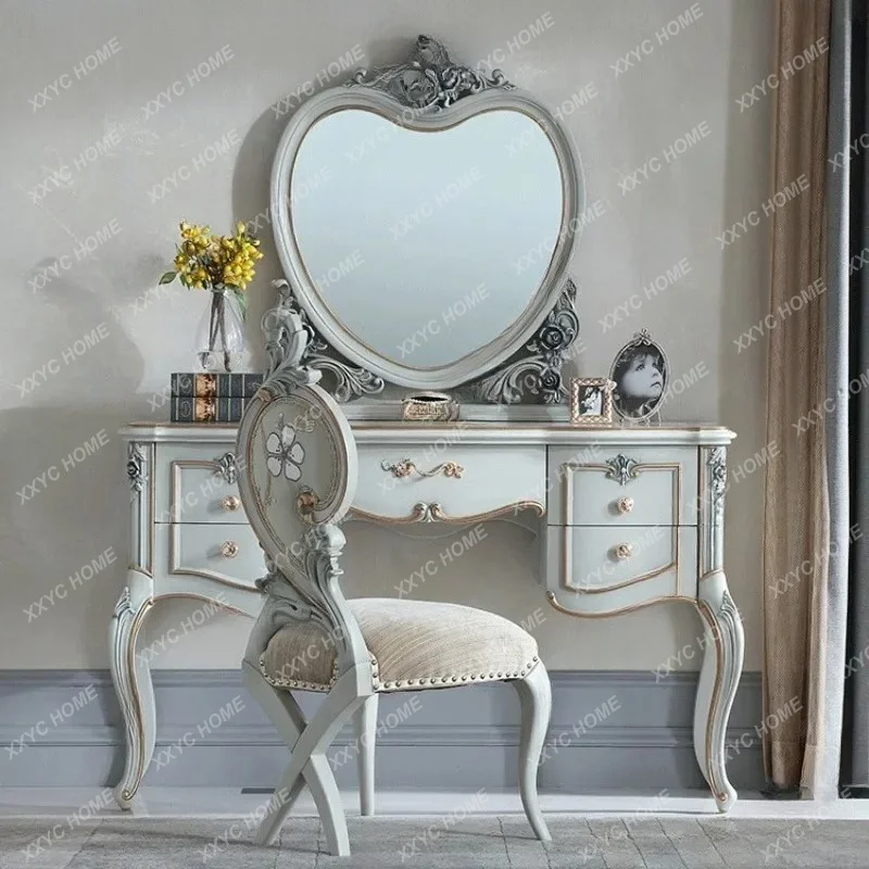 XX Luxury Beech Wood Vanity Table With Mirror, Solid Wood Movable Dresser With Drawers