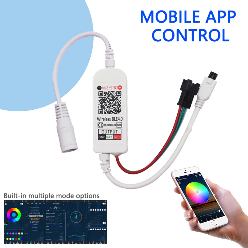 Mini Bluetooth LED Magic Color Dimmer Controller 1024 Pixels with 21-Key IR Remote control for WS2812 WS8211 RGB Light Strip