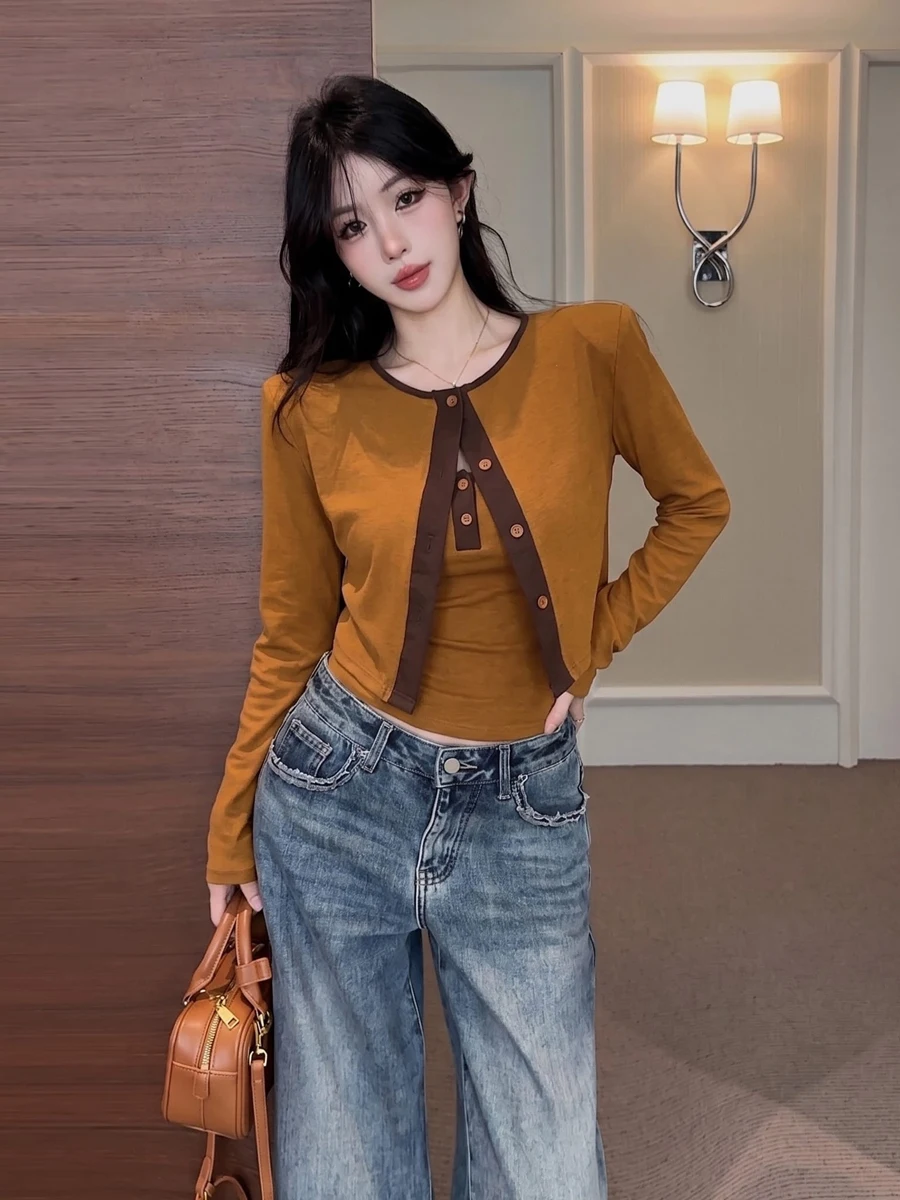Fall New Style Two-Piece Set Shoulder Pad Design Color Block Slim Fit Vest Fashionable Open Cardigan Women's Fashion Set