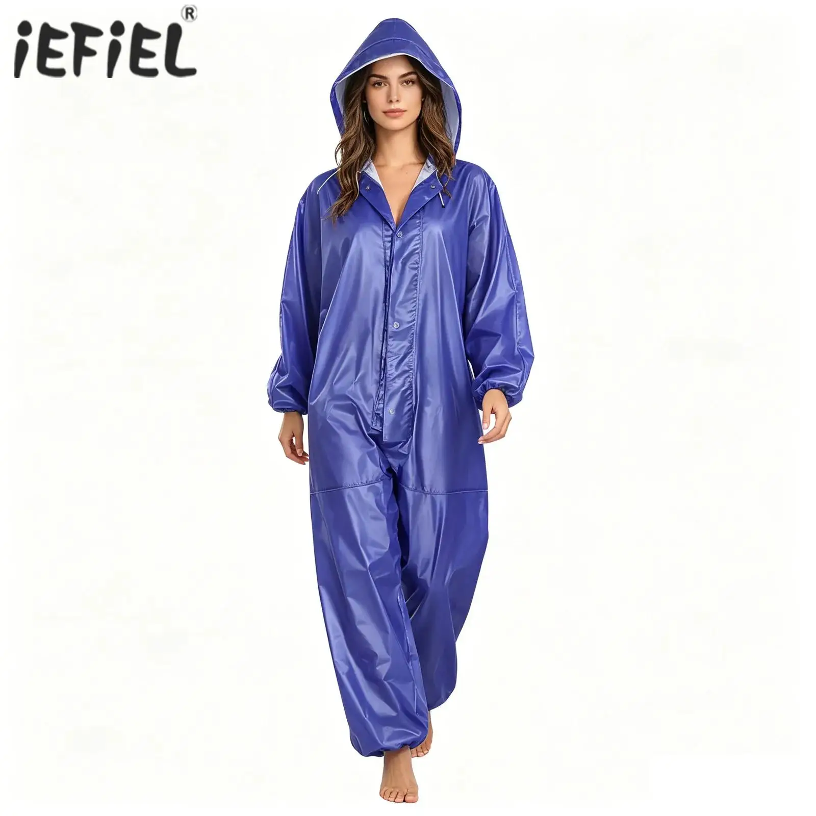 Women Full-body Hooded Raincoat Hood with Drawstring Mens Workwear Costume Front Button And Zipper One-piece Waterproof Jumpsuit