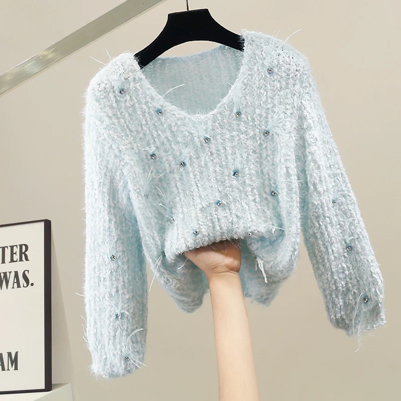 

Корейский свитер с V-образным вырезом, украшенный перьями и бахромой, женский, премиум-класса, универсальный, стройнящий, модный вязаный топ