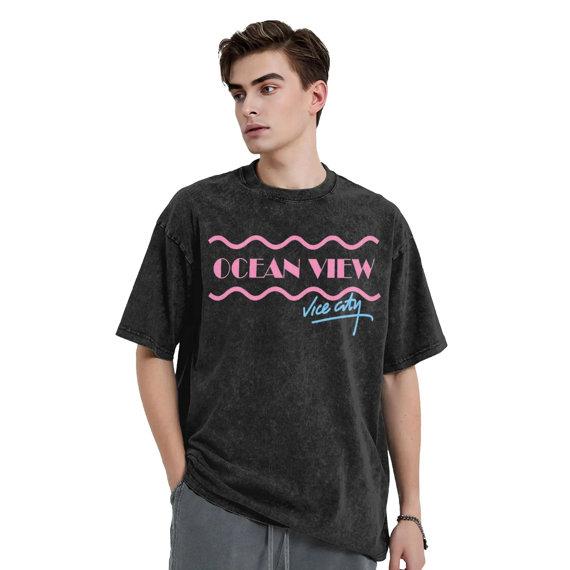 T-Shirt Ocean View Hotel Vice City Washed T Shirts Novelty  Summer Tee Shirt Y2K Retro Printed Cotton Tops Birthday Present