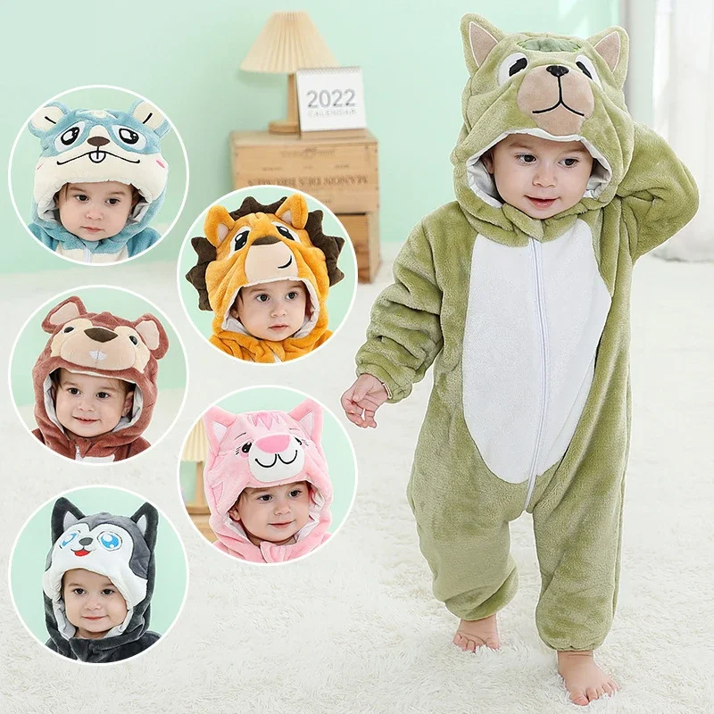 Baby Rompers Winter Costume Flannel for Girl Boy Toddler Infant Clothes Kids Overall Animals Panda Tiger Lion Unicorn Ropa Bebe