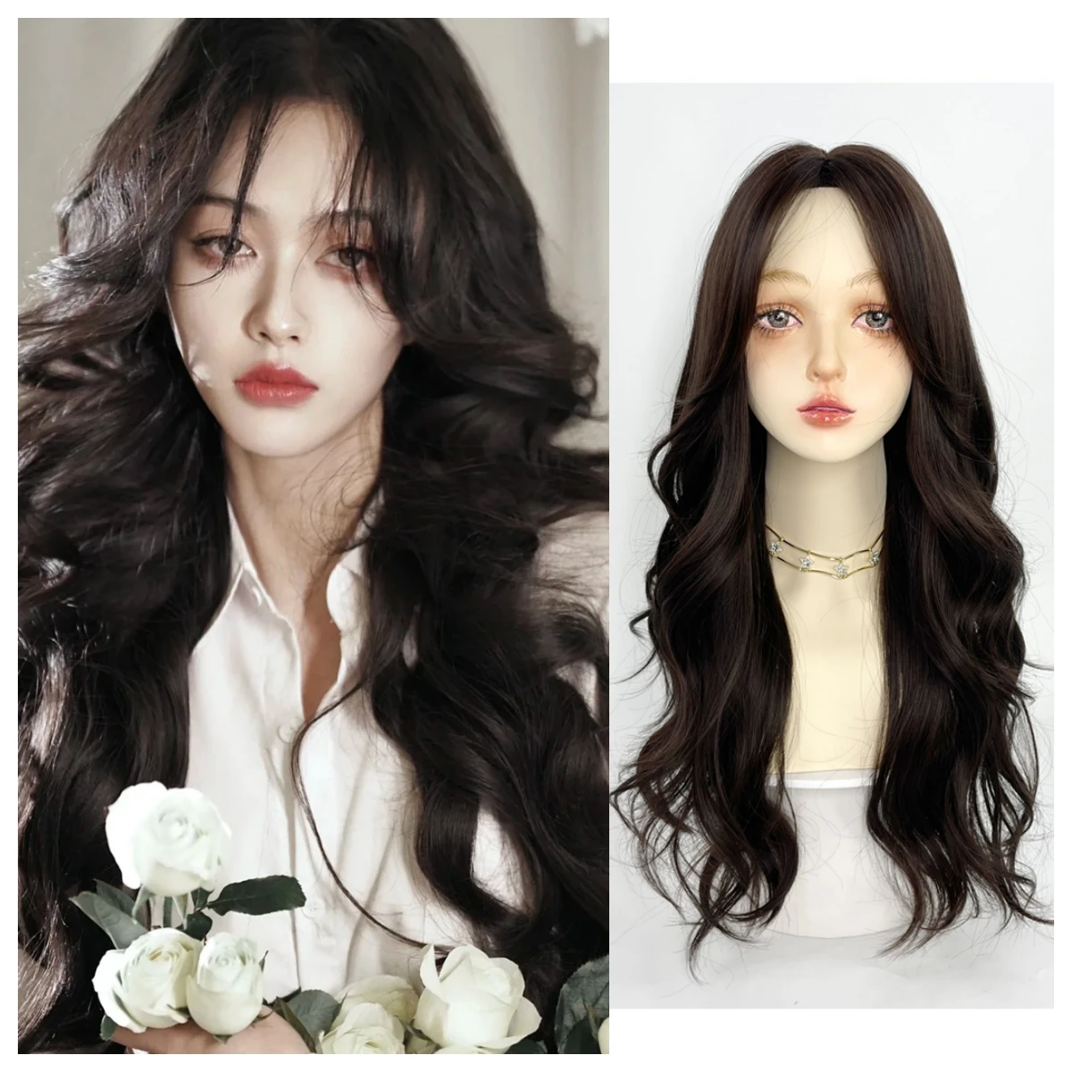 

GAKA Black Brown Long Wave Cosplay Wig Synthetic Natural Wave Wig With Bangs Suitable For Women Daily Use Of Heat-Resistant Fibe