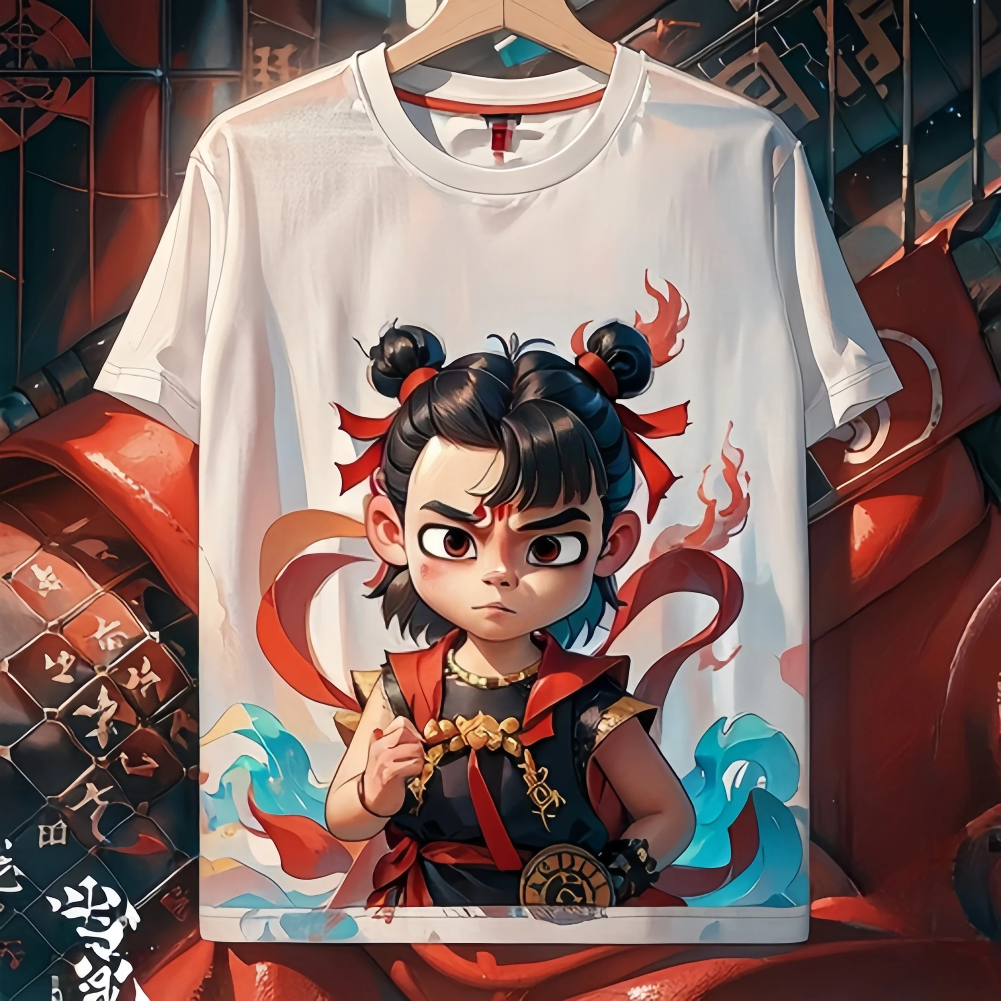 T-shirt, summer children's clothing, Chinese style 3D printed men's short sleeved Nezha demon boy parent-child outfit