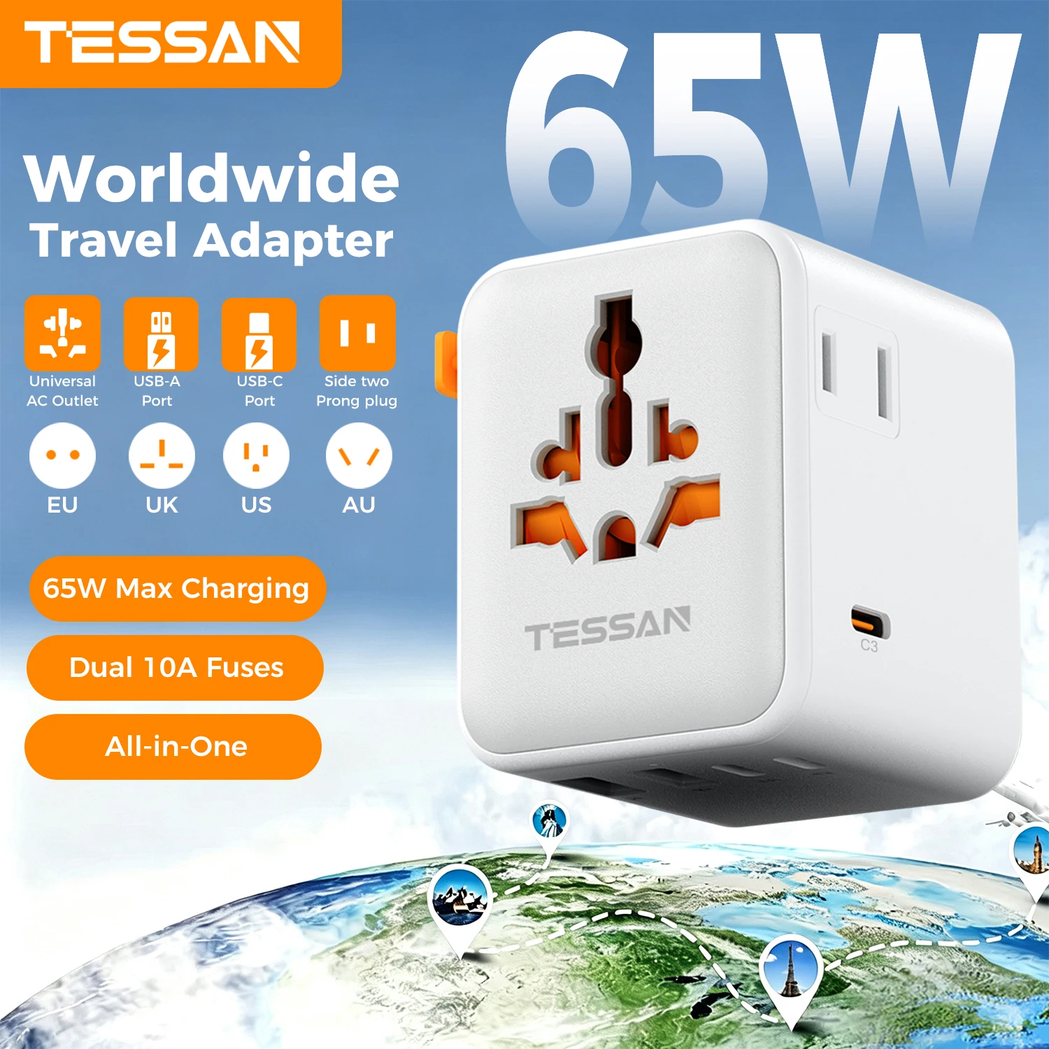 65W GaN International Travel Adapter Universal 28W 20W Plug Adaptor with 4/5 USB Ports Portable Outlet for EU/UK/USA/AUS