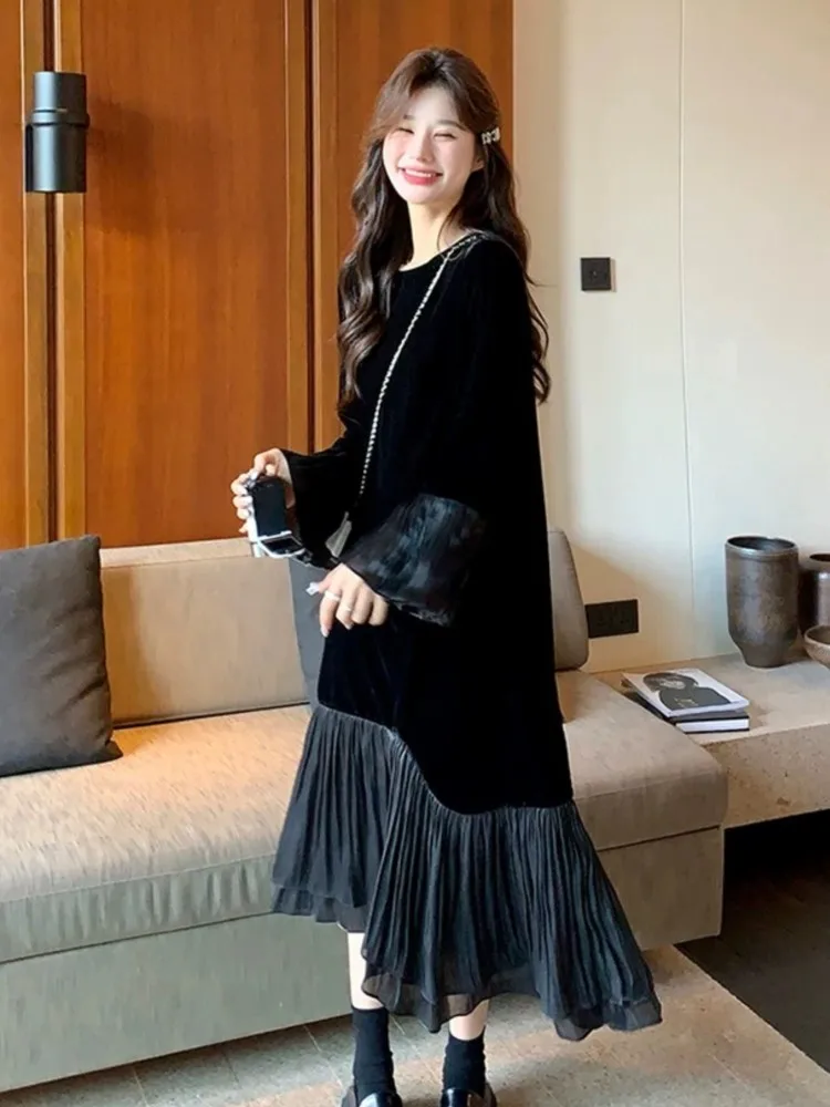 Autumn Black Patchwork Velvet Midi Dress Women Mermaid Flare Long Sleeve O-neck Pleated Vestidos Elegant Holiday Party Clothing