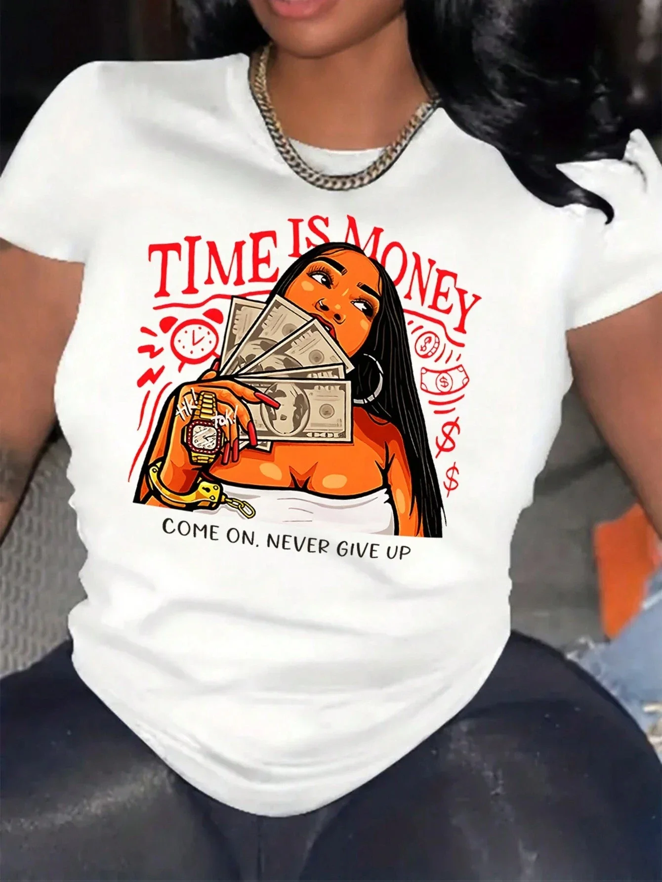 Camiseta Time Is Money Come On, Never Give Up para mujer, camiseta informal de calle, ropa holgada de Hip Hop para verano