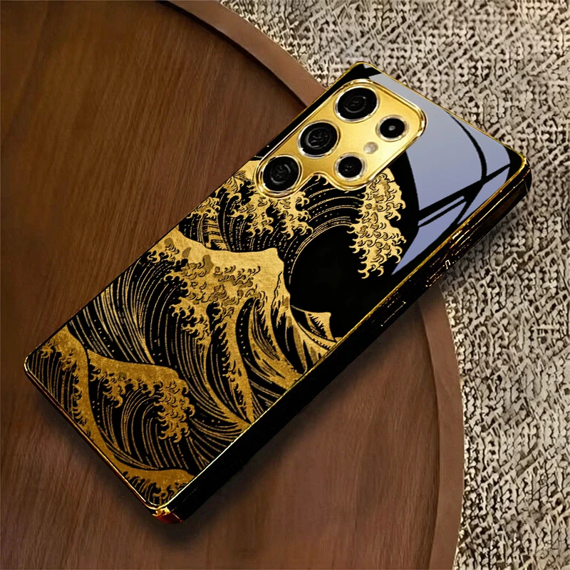 Gold Ukiyo-e Wave Electroplated Golden Phone Case For Samsung A12 A22 A32 A42 A52 A72 A13 A36 A56 07 A17 A37 57 Glass Back Cover
